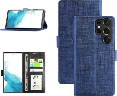 Stijlvolle Flip/Folio Hoes voor Galaxy S22 Ultra 5G met Magnetische Sluiting, Kaartsleuven en Kickstand - Schokbestendige TPU Bumper Bescherming (Blauw)