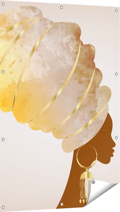 Gards Tuinposter Afrikaanse Vrouw met Gouden Tulband - 80x120 cm - Tuindoek - Tuindecoratie - Wanddecoratie buiten - Tuinschilderij