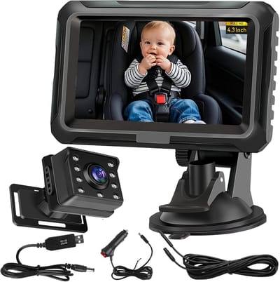High-definition 1080P babycamera voor in de auto, model achteruitkijkspiegel, met een 4,3-inch display, nachtzichtfunctie en een groothoeklens van 150°, draadloze achterbankcamera met display, plug-and-play, autobabyveiligheidsmonitor.