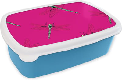 Broodtrommel Blauw - Lunchbox - Brooddoos - Meiden - Libelle - Insecten - Patronen - Girl - Kids - Kinderen - Kind - 18x12x6 cm - Kinderen - Jongen