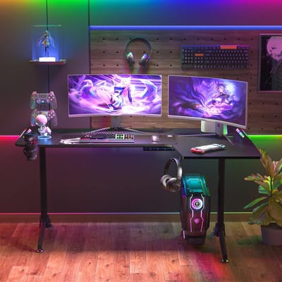 Eszenzics™ Modern Game Bureau - ruime L-vorm rechts- Zwart - 162x100x77cm - RGB-LED verlichting - USB-plug - Bekerhouder - Haak voor koptelefoon