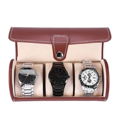 Dailygoods- Horlogehouder Cilinder - Horloge Houder Draaiend - PU Leer - Drie Horloges - Lichtgewicht - Duurzaam Pluismateriaal - Horlogeopberger