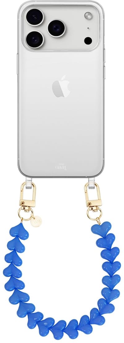 xoxo Wildhearts siliconen hoesje - Geschikt voor iPhone 17 Pro Max hoesje - Funky Hearts - Telefoonhoesje - Hoesje met koord - Denim Blauw koord - kort telefoonkoord - Hartjes ketting - Transparant hoesje