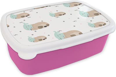 Broodtrommel Roze - Lunchbox - Brooddoos - Zeemeermin - Luiaard -Patroon - Slapen - 18x12x6 cm - Kinderen - Meisje
