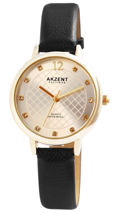 Akzent-Dames horloge-Analoog-Rond-36MM-Goudkleurig-Bruin lederen band.