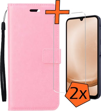 Hoes - Met 2x Screenprotector - Geschikt voor Samsung Galaxy A25 - Luxe Pasjeshouder - Bookcase Portemonee - Flip Case - Kunstleer Book Case - Flipcase Hoes - Book Cover - Walletcase - PortemonneeHoes - Lichtroze
