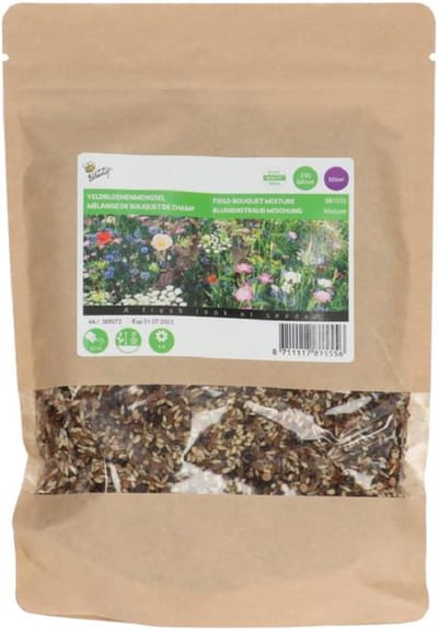 Veldbloemenmengsel Bloemenzaden 150 gram met een samenstelling van 20 soorten is dit mengsel geschikt voor alle plaatsen, met heel weinig onderhoud en te plukken!