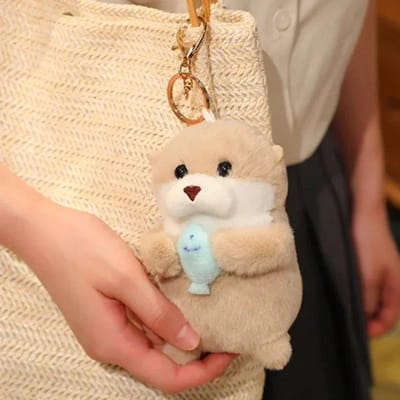 Schattige Otters met Vis Pluche Pop Sleutelhanger voor Schooltas Portemonnee Sleutels Lichtgewicht Hangende Requisieten bruin