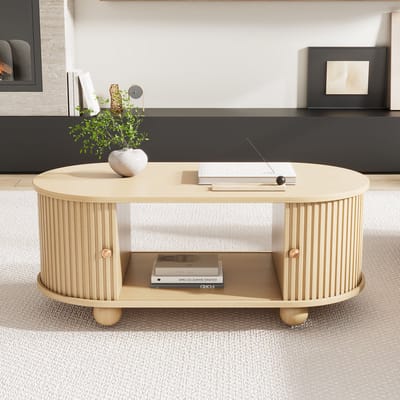 DESMIU Ovale Salontafel Met Opbergruimte En Schuifdeuren Voor Kleine Woonkamers Van MDF In Houtkleur 100 X 50 X 40 Cm