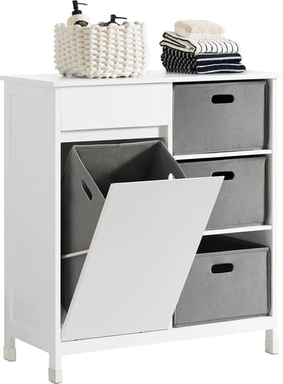 Mara Badkamerkast - Kantelbare Wasmand - Badkamermeubel Met Waskast - Wit Grijs - MDF - 38 x 80 x 91 cm