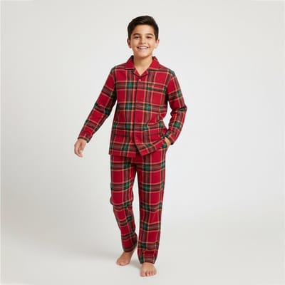 La-V Flanel pyjama set voor jongen met geruit patroon- Rood - 140-146