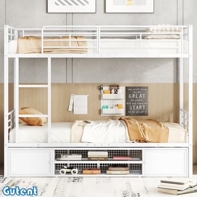 Gutent Stapelbed met ijzeren frame - Open schoenenkast - Opbergkast - Met zijladder - Wit - 90x200cm - Zonder Matras