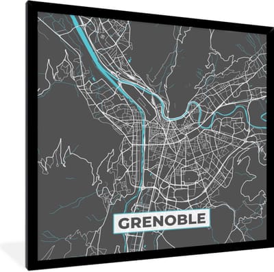 Fotolijst incl. Poster - Grenoble - Frankrijk - Plattegrond - Kaart - Stadskaart - 40x40 cm - Posterlijst