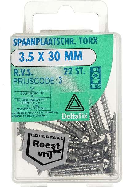 Deltafix spaanplaatschroeven 3,5 x 30 mm - RVS A2 - platkop - Torx - 22 stuks