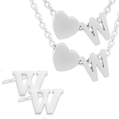 Initiaal Ketting & Armband & Oorbellen set met Letter W Zilverkleurig - Stainless Steel - Met letter & Hartje! - 3x Sieraden Cadeau - Pax Amare