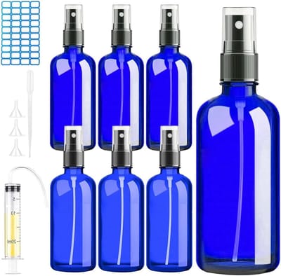 6 Pack Glazen Spuitflessen 100ml - Verstuiver voor Reisvloeistof en Cosmetica - Fijne Mist Spray - Blauw