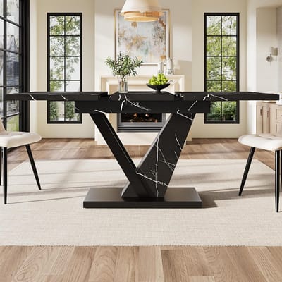 Eettafel Rechthoekig - Keukentafel Diner Tafel - Gezellig Eten - Marmerlook Tafelblad - 140 x 75 cm - Zwart