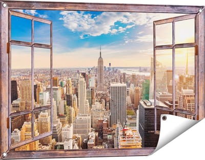 Gards Tuinposter Doorkijk New York Manhattan tijdens Zonsondergang - 90x60 cm - Tuindoek - Tuindecoratie - Wanddecoratie buiten - Tuinschilderij