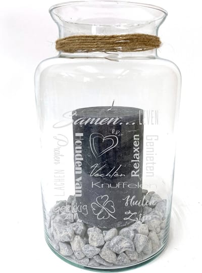 Windlicht/Vaas met tekst gravure: SAMEN. Zonder kaars en stenen. Cadeau-bruiloft-trouwdag-samenwonen-valentijn. Het formaat is 30cm, 16cm doorsnede.