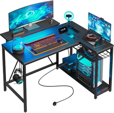 Five Stars® L-Vormig Game Bureau - 107x80x76 cm - Game Bureau met LED verlichting - Zwart Carbon - Hoekbureau - Gaming Desk - Computertafel