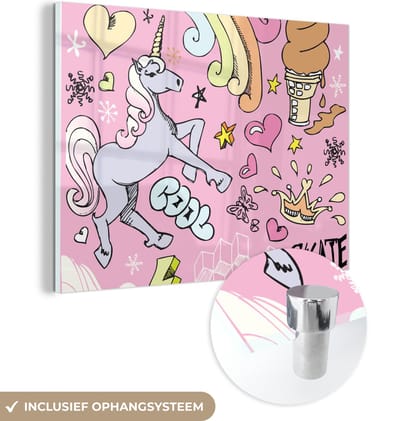 MuchoWow® Glasschilderij 160x120 cm - Schilderij acrylglas - Meisjes - Design - Unicorn - Regenboog - Roze - Foto op glas - Schilderijen