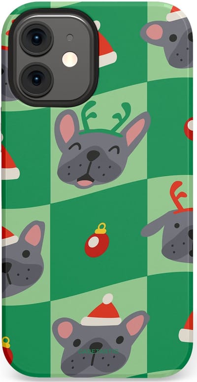 Casetastic hoesje geschikt voor Apple iPhone 12 Mini - Dubbellaagse bescherming - Schattige Kersthondjes - Fashion Case - Groen Grijs