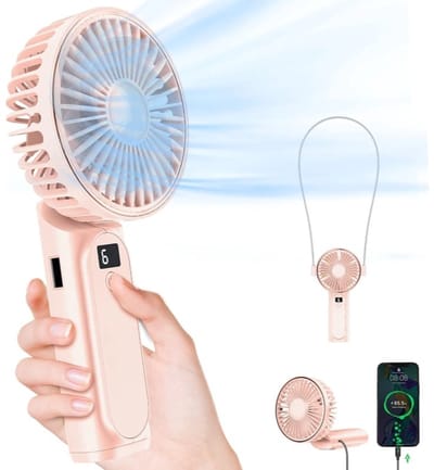 Draagbare handventilator, mini 180° opvouwbare ventilator, 6 snelheden, lcd-display, ultrastil, 4000 mAh, zakformaat, binnen/buiten te gebruiken, met draagkoord