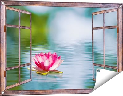 Gards Tuinposter Doorkijk Roze Lotusbloem op het Water - 90x60 cm - Tuindoek - Tuindecoratie - Wanddecoratie buiten - Tuinschilderij