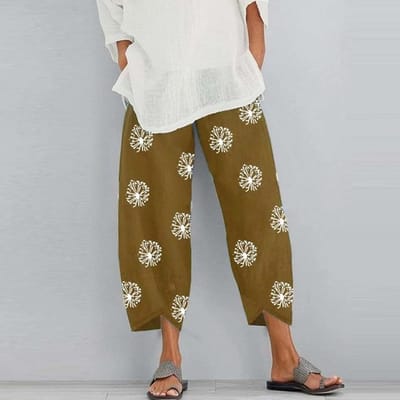 Vrouwen Vintage harembroek bloemenprint elastische taille plus size losse broek katoen linnen wijde pijpen broek losse zomerbroek S kaki