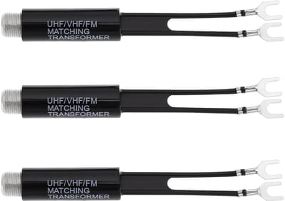 ONF3 - UHF/VHF/FM transformator - 75 ohm naar 300 ohm - Hoge kwaliteit - Zilver/Zwart - TV-antenne adapter - Geschikt voor radio-HiFi-AV-ontvang...