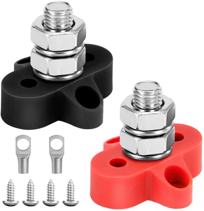 Aansluitbouten en accuklemmenblokken met stroomverdeling voor auto, camper, boot - Set van 2, zwart en rood
