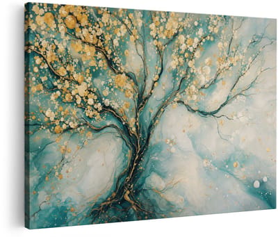 Artaza Canvas Schilderij Abstracte Boom Met Goud - Turquoise En Wit - 120x80 cm - Groot - Wanddecoratie Woonkamer - Schilderijen - Muurdecoratie