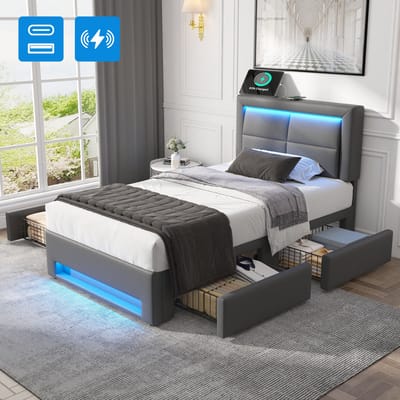 FloraGrace Gestoffeerd Bed 90x200 cm - Met USB Oplaadpunt en Led Verlichting - 4 Laden - Zonder Matras - PU - Grijs