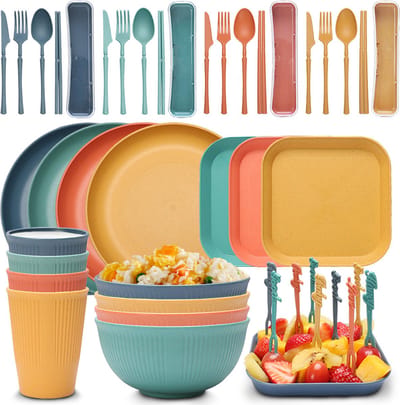 Somstyle 48-Delige Camping Servies Set - Voor 4 Personen - Picknick & BBQ Set - Borden, Bekers, Bestek & Kommen - Multicolor