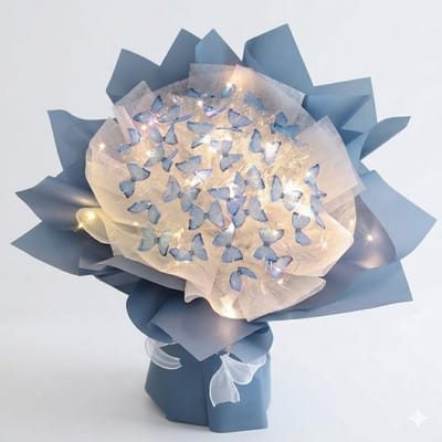 Vixson – Vlinderboeket Set – Vlinder Boeket Zelf Maken Knutselpakket – Inclusief LED Verlichting & Decoratie – Creatief Cadeau voor Haar – Blauw – BUTTIBOU
