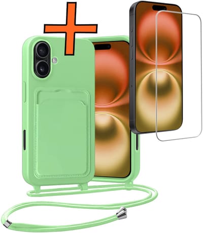 Hoesje Geschikt voor iPhone 16 Plus Hoesje Met Telefoonketting Pasjeshouder Case Met Screenprotector Koord - Hoesje Geschikt voor iPhone 16 Plus Hoes Met Kaarthouder - Groen