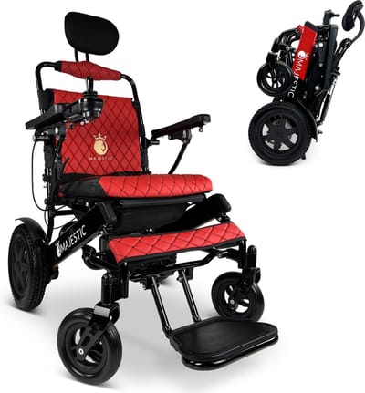 COMFYGO IQ-9000 AF Elektrische rolstoel, lichtgewicht, draadloze afstandsbediening, tot 30km, Automatisch vouwsysteem, Zwart frame & Rood leer textiel, Zitbreedte 45cm