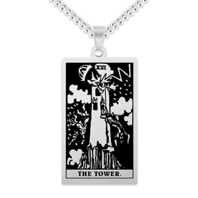 Tarot Ketting XVI: De Toren / The Tower - Zilverkleurig Stainless Steel - Grote Arcana uit Rider-Waite Geïnspireerd - 60cm - Pax Amare