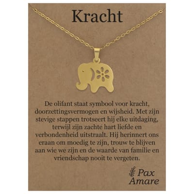 Stainless Steel Olifant ketting op Cadeau Kaartje - Kracht - 45cm Goudkleurig Roestvrij Staal - Pax Amare