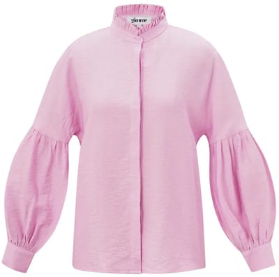 Elegant Viscose Vrouwen Overhemd met Pofmouwen en Hoge Kraag - Roze - Maat S