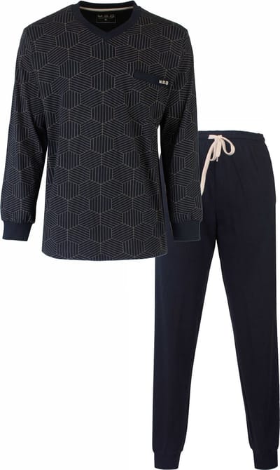 MEQ Heren Pyjama - Geprint Dessin - V Hals - Navy Blauw - Maat L