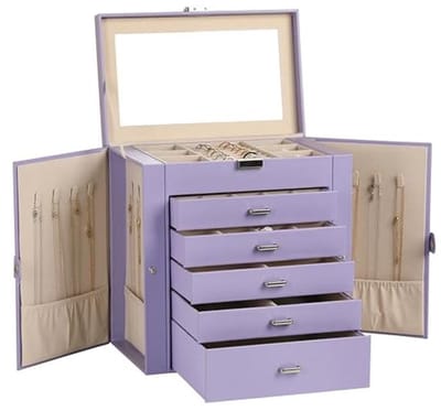 Grote Sieradenbox met 6 Lagen en Slot - Multifunctionele Organizer met 5 Lades voor Oorbellen, Kettingen, Armbanden en Horloges (Paars)