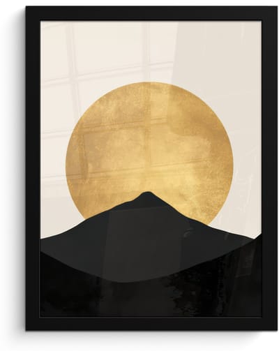 Poster in lijst - Fotolijst 30x40 cm - Posters - Bergsilhouetten - Gouden cirkel - Beige - Posterlijst zwart - Decoratie - Wanddecoratie woonkamer - Muurdecoratie slaapkamer