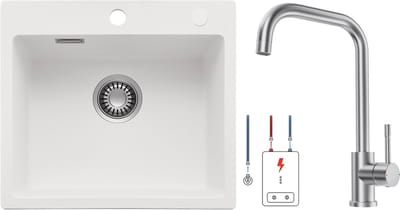 CECIPA max Granieten spoelbakken 40x45CM - Spoelbakken Keuken Wit - Spoelbak Keuken Met Lagedruk keukenkraan - Enkele spoelbakken Met sifon - waterafvoersysteem en overloopset