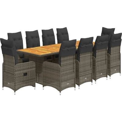 vidaXL - 11-delige - Bistroset - met - kussens - poly - rattan - grijs