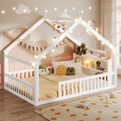 DESMIU Kinderbed 140x190cm Met Matras – Huisvormig Bed Met Veiligheidshekje En Opbergplanken – Voor Kinderkamer – Grenenhout En MDF – Wit