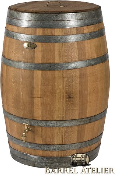 Regenton 225L "LUXE", gat vulautomaat, deksel, messing handvat, messing logo en kraan, geoliëd
