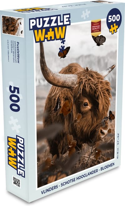 Puzzel Vlinders - Schotse hooglander - Bloemen - Legpuzzel - Puzzel 500 stukjes