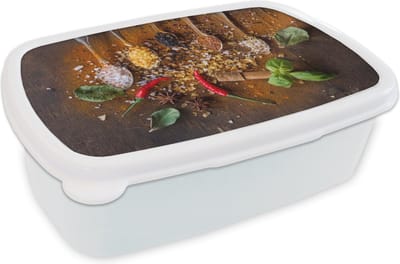 Broodtrommel Wit - Lunchbox - Brooddoos - Lepels - Kruiden - Chilipeper - Specerijen - 18x12x6 cm - Volwassenen