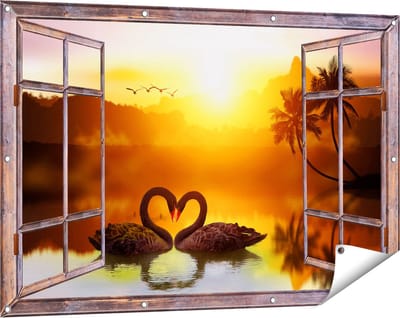 Gards Tuinposter Doorkijk Twee Zwarte Zwanen in een Hart Vorm - 120x80 cm - Tuindoek - Tuindecoratie - Wanddecoratie buiten - Tuinschilderij